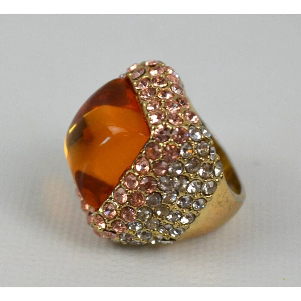 Gold Tone Ring with Yellow Glass Stone Surrounded‎ by Rhinestones Size 8